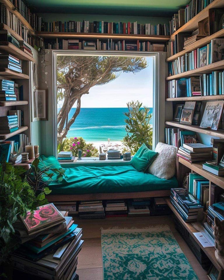 The meme is a picture of a cozy library with a large window overlooking the ocean. The caption reads "I can see my house from here" in a playful, sarcastic tone, implying that the speaker is not actually seeing their house from the library, but rather is enjoying a relaxing and scenic view.